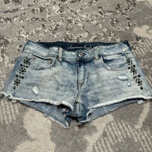 American Eagle Acid Wash Side Studded Distressed Mini Denim Jean Shorts